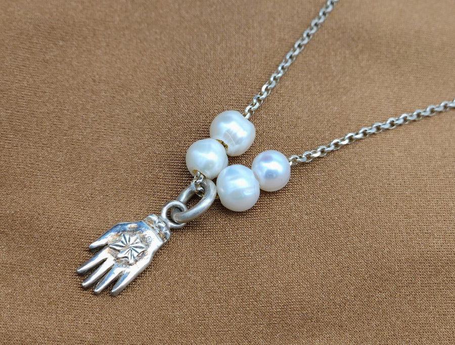 PEARL NECKLACE WITH SILVER CHAIN HAND W LOTUS BLOSSOM-PURITY